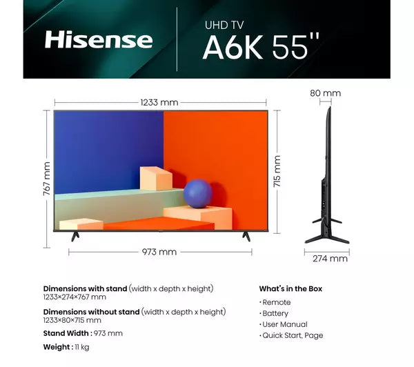 HISENSE 55A6KTUK 55" Smart 4K Ultra HD HDR LED TV with Amazon Alexa